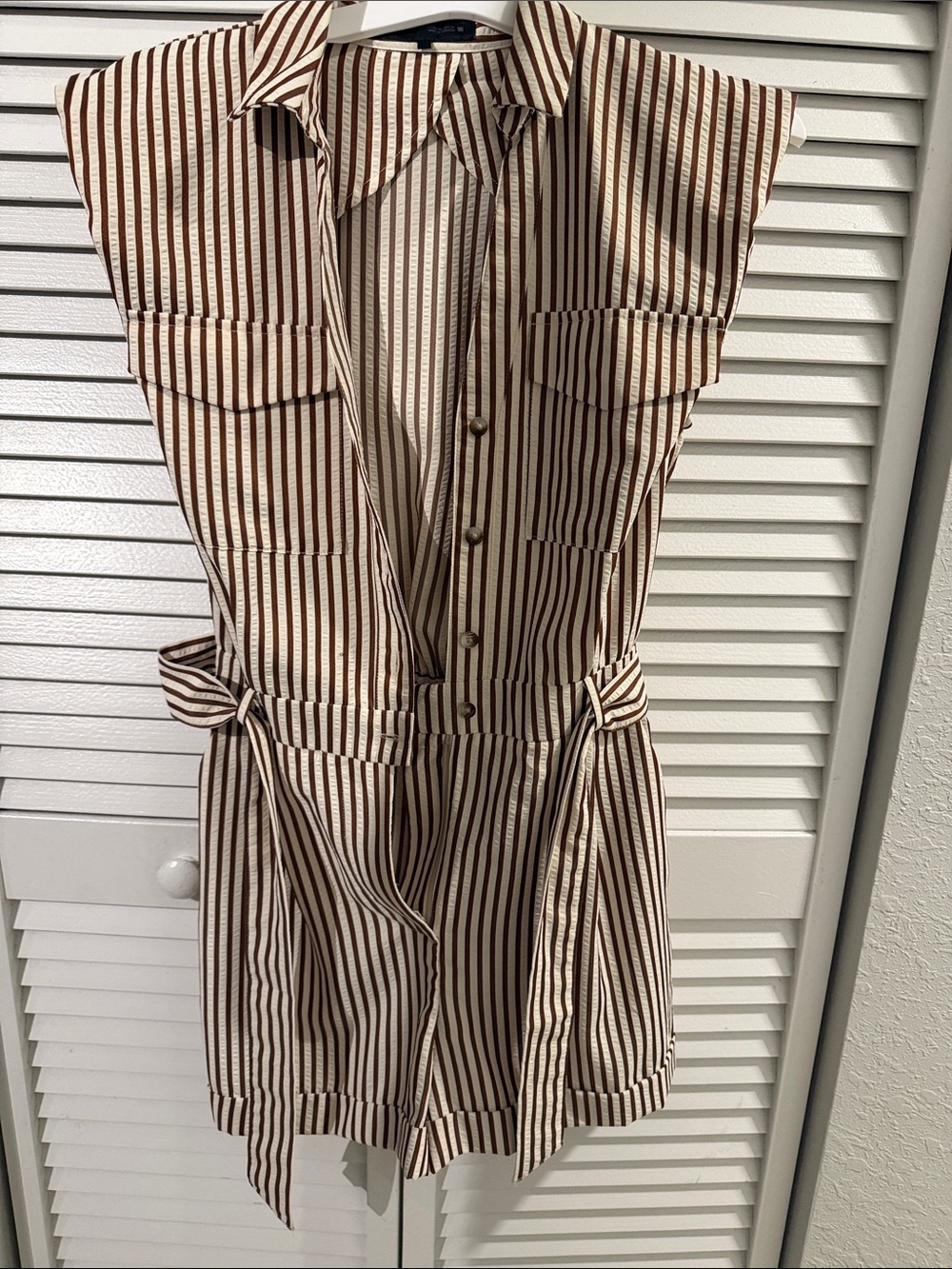 Zara Brown & Cream Striped Sleeveless Tie-Waist Romper